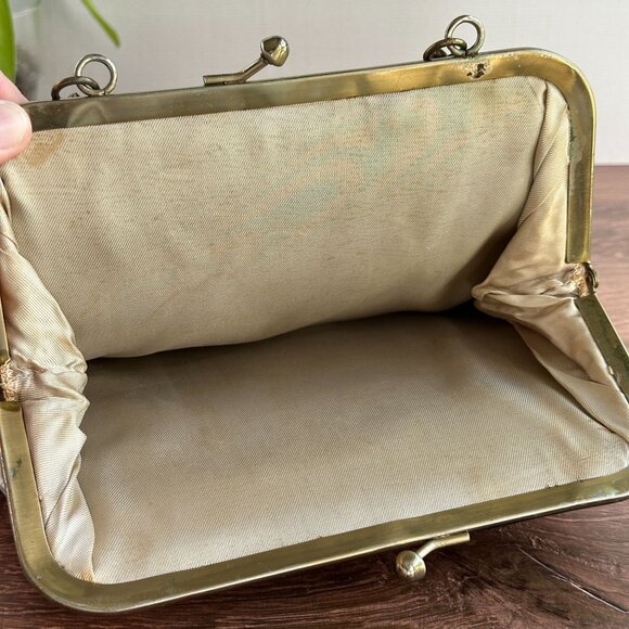 Vintage 1950s Woven Satin Handbag With Vinyl Overlay Chain Handle Gold - Picture 12 of 14